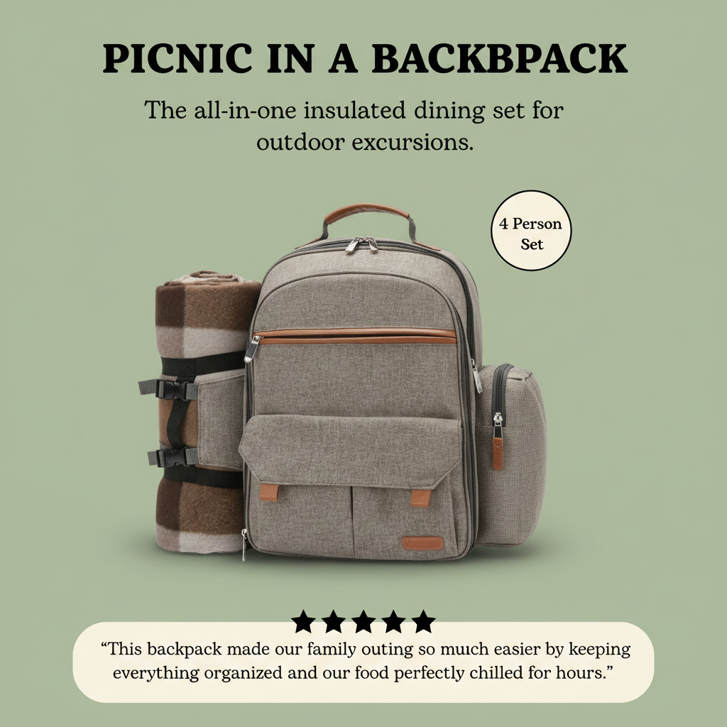 Gray backpack with insulated compartments and picnic blanket on a green background