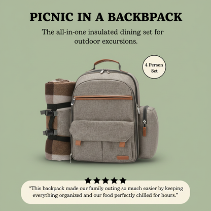 Gray backpack with insulated compartments and picnic blanket on a green background